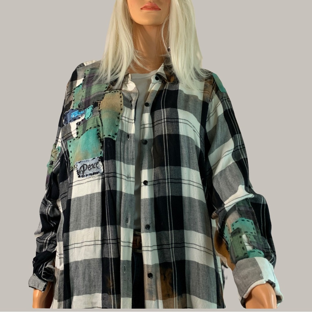 Upcycled Rustic Plaid Distressed and Embellished Bigfoot Weekend Shirt
